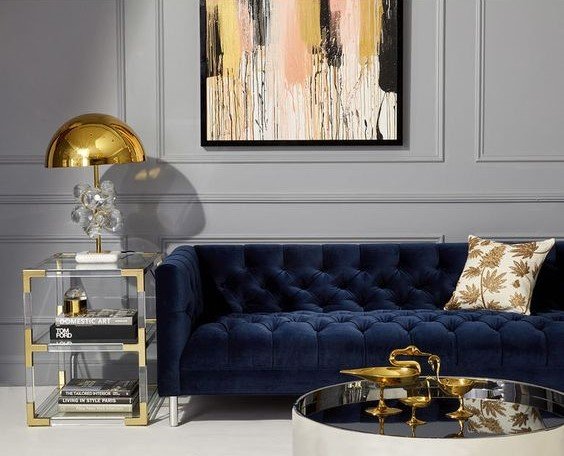 kortárs stílus, színes bútorokkal, kék kanapé